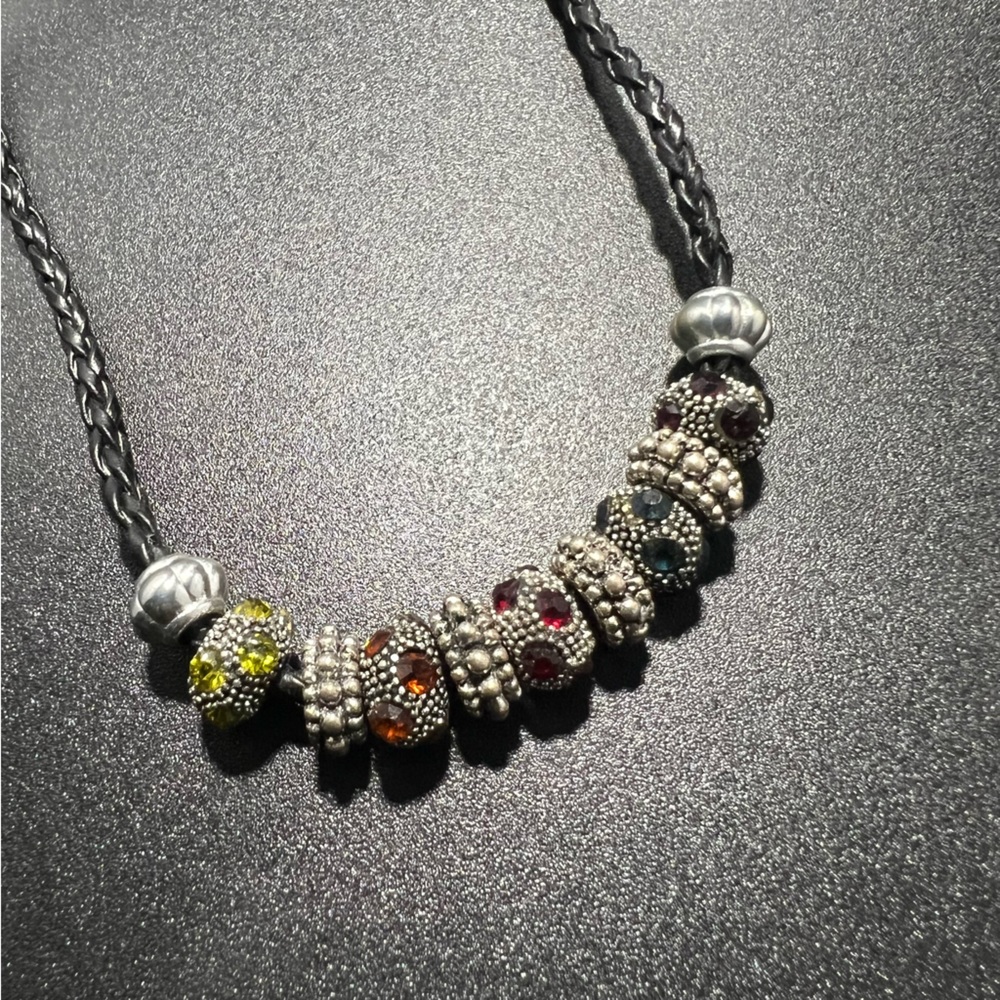 Vintage Braided Rope Charm Necklace Colorful Crystal Encrusted Round Beads